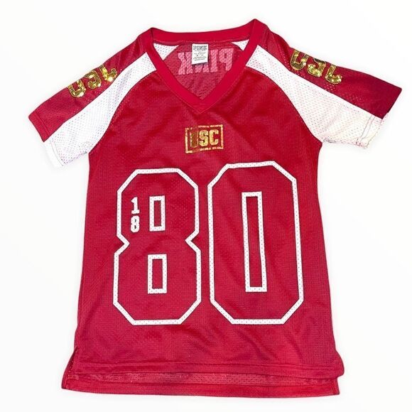 PINK Victorias Secret x 5th & Ocean USC Trojan Red Jersey W/ Gold Sequins Sz XS - Picture 1 of 7